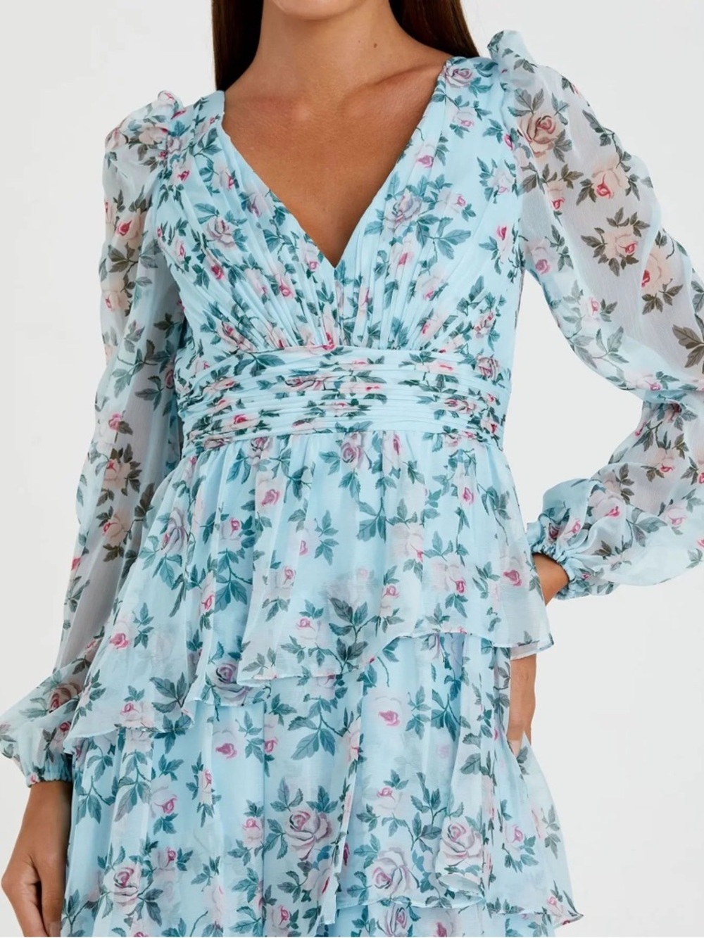 Mac Duggal 55880 Blue Puff Sleeve Floral Printed Dress Size 10 - Picture 2 of 12